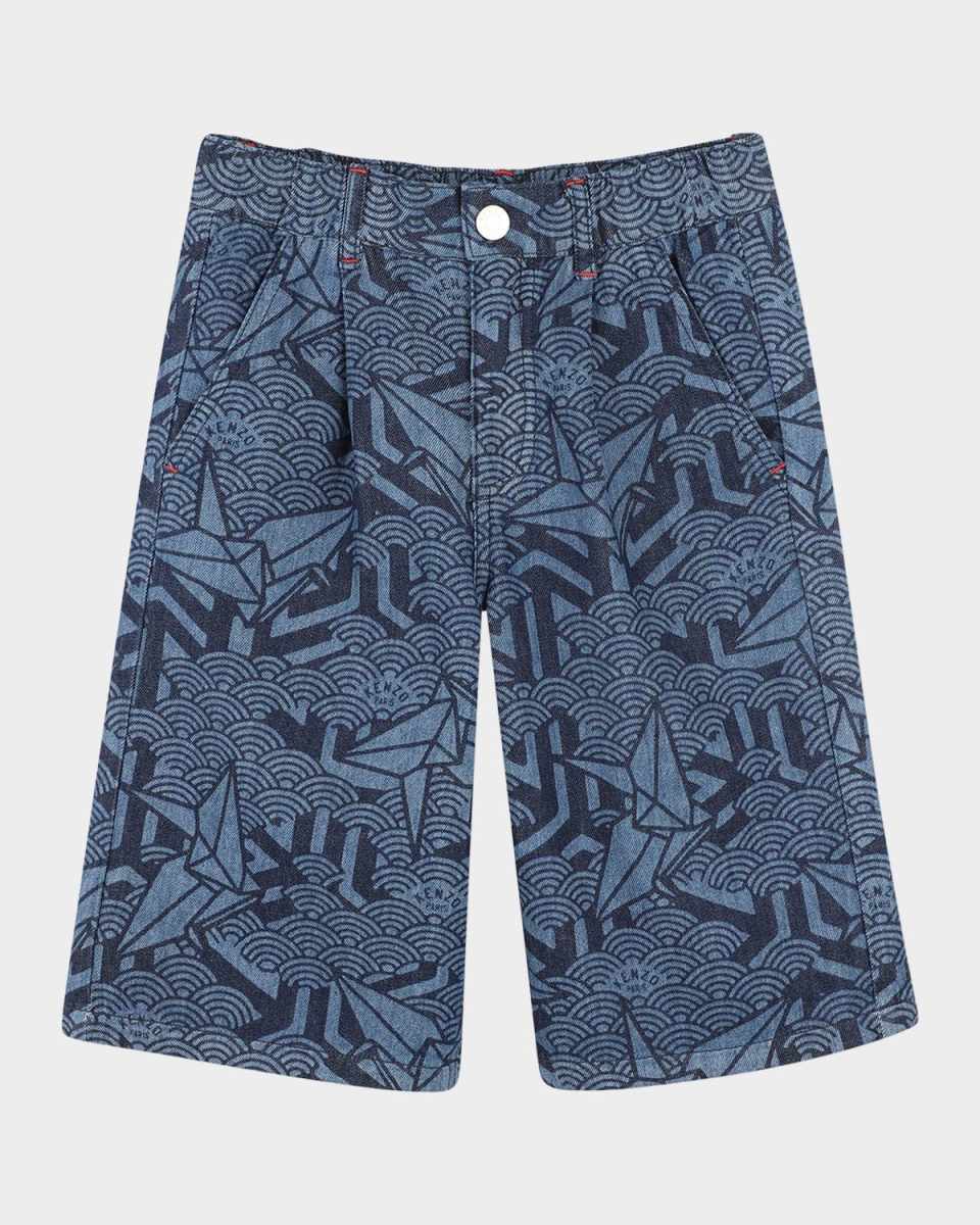 Boy's Printed Denim Shorts W/ Logo Badge, Size 6-12